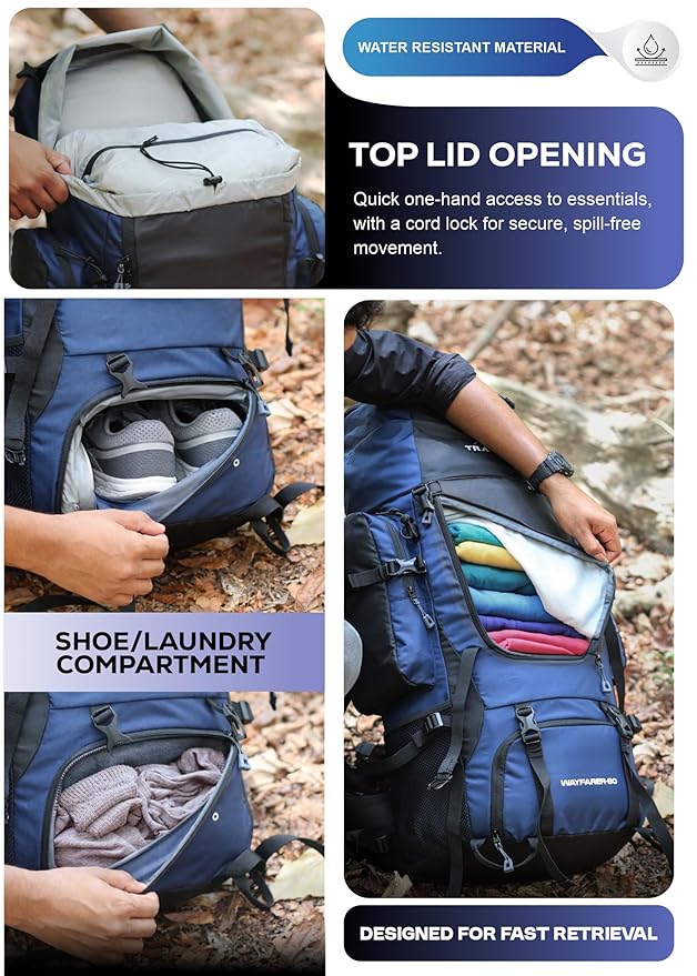 IBEX Wayfarer 80L Travel Backpack with Water-Resistant Fabric & Laptop Compartment – Navy Blue