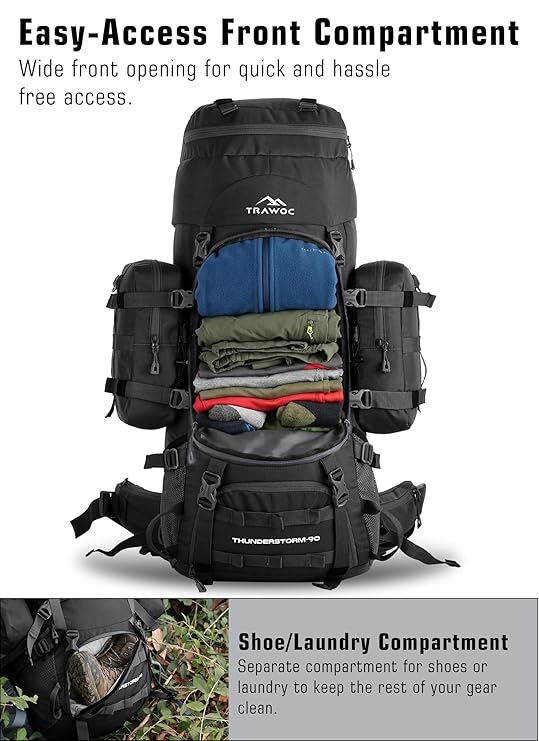 IBEX Thunderstorm 90L Rucksack for Men & Women with Shoe Compartment & Water-Resistant Fabric – Black - Image 4