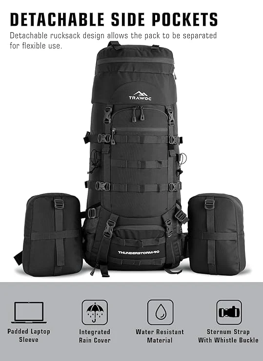 IBEX Thunderstorm 90L Rucksack for Men & Women with Shoe Compartment & Water-Resistant Fabric – Black - Image 6